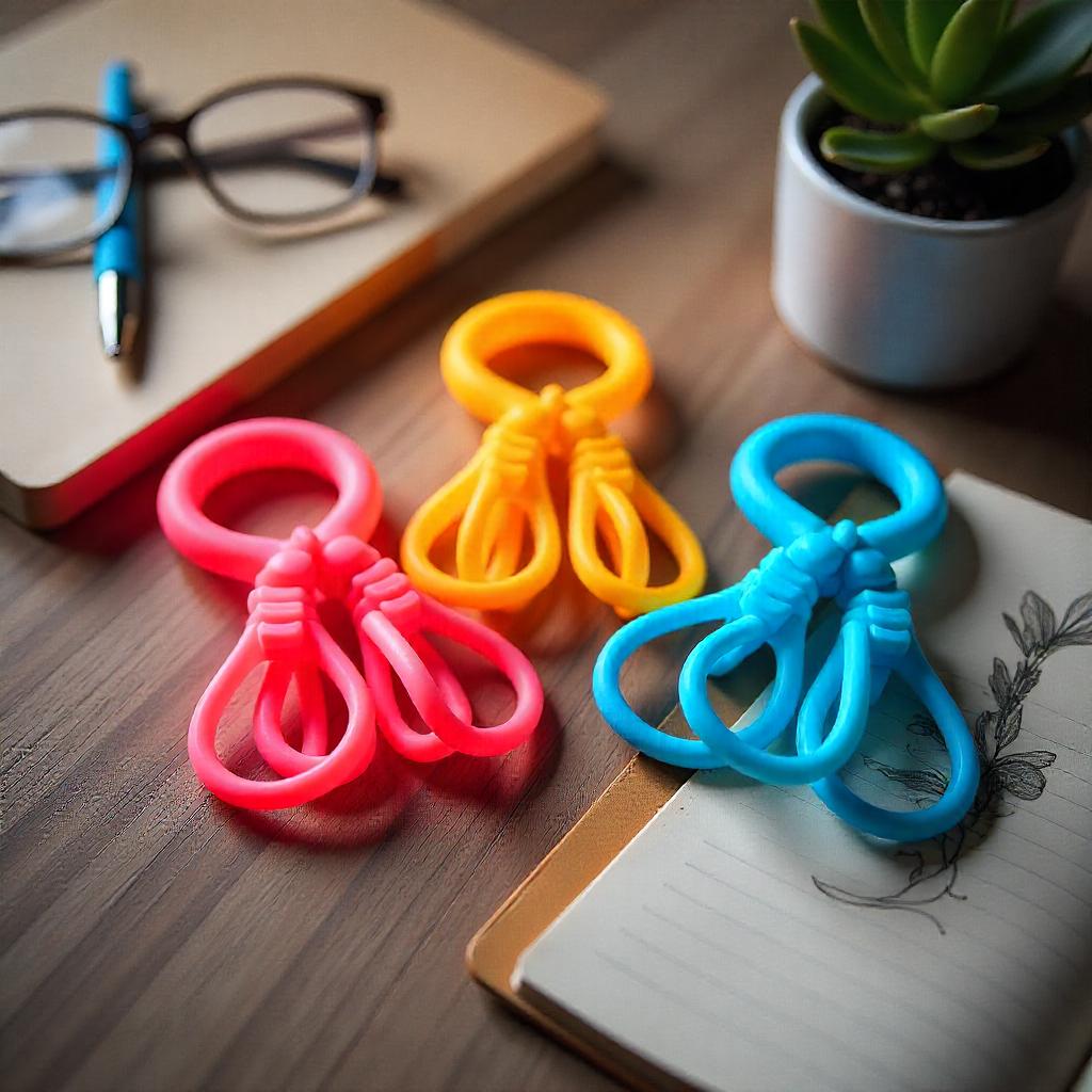 Flat lay of three hand extension exercisers—spring, rubber band, and an innovative design—arranged neatly on a wooden surface with a notebook and pen, suggesting everyday use. The image is bright, clean, and visually appealing.