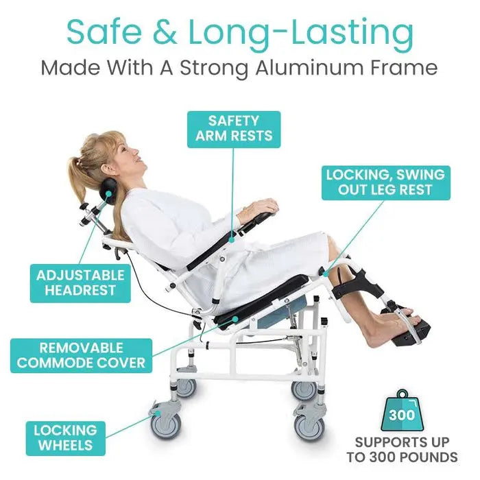 Reclining Shower Commode Transport Chair 3in1 300lb Adjustable SupplyingSeniors.com