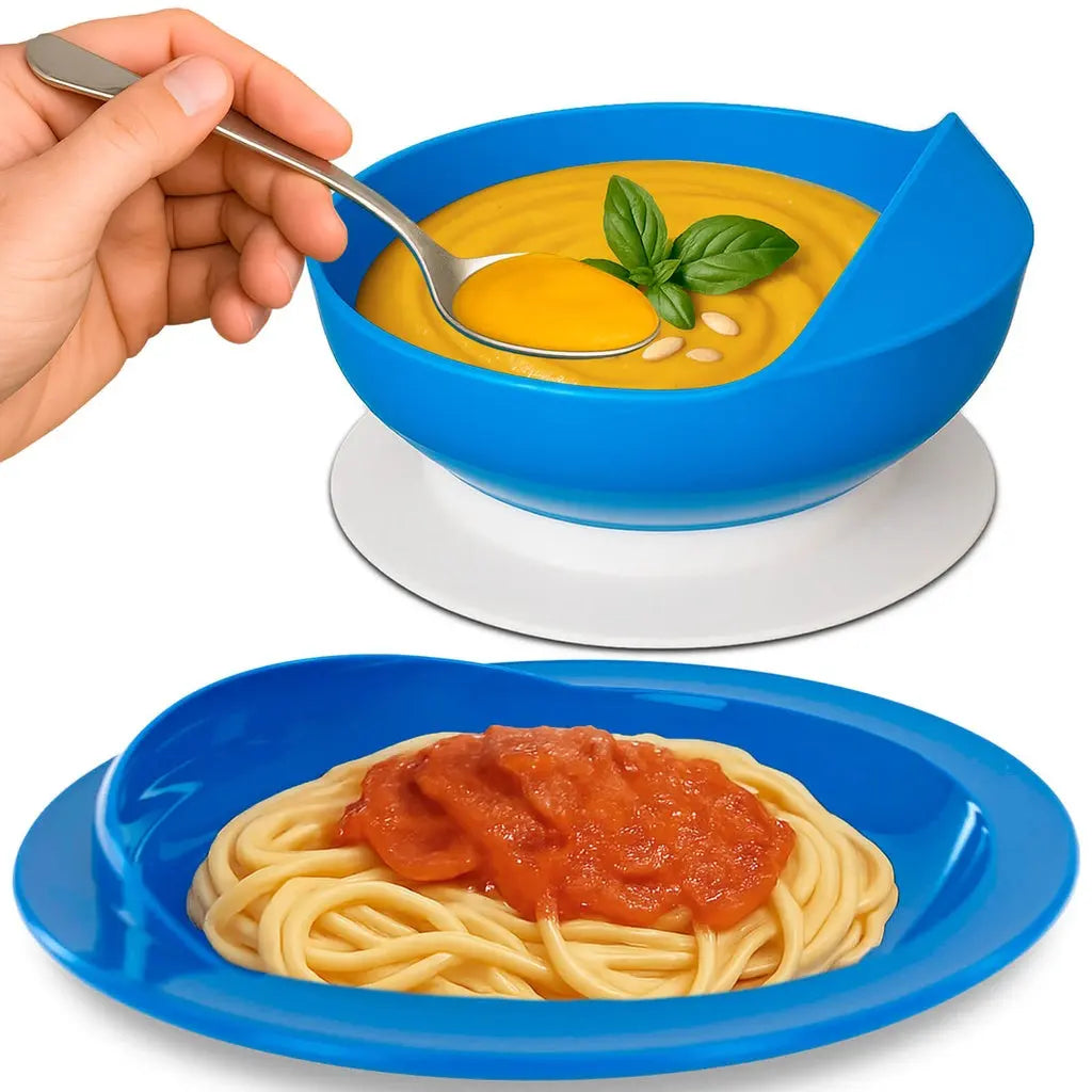 Spill Proof Scoop Plate and Bowl Supplying Seniors
