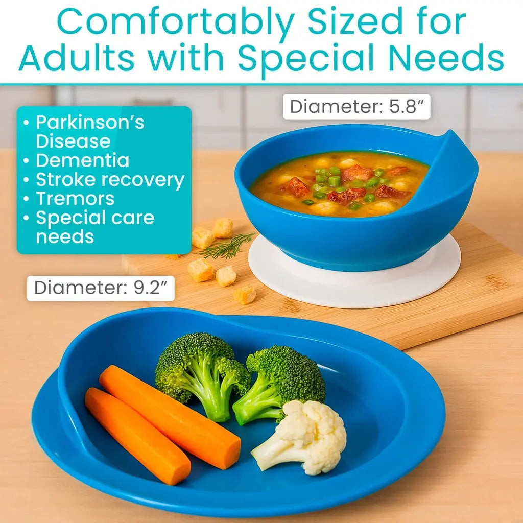Spill Proof Scoop Plate and Bowl Supplying Seniors