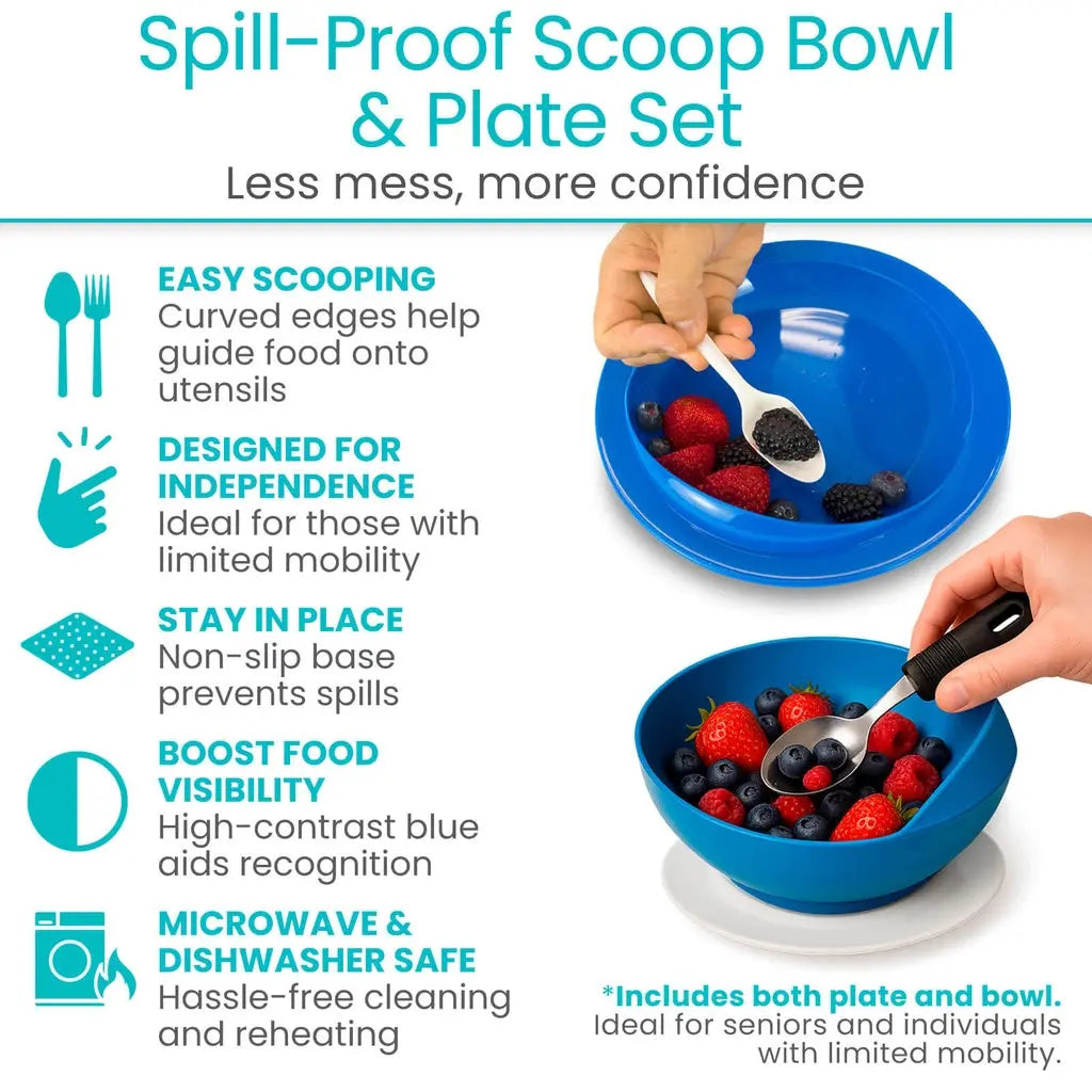 Spill Proof Scoop Plate and Bowl Supplying Seniors