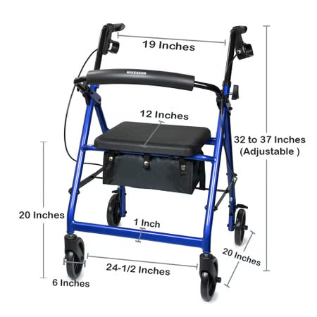 McKesson 4 Wheel Rollator – Blue, Adjustable Height, 300 lb Capacity