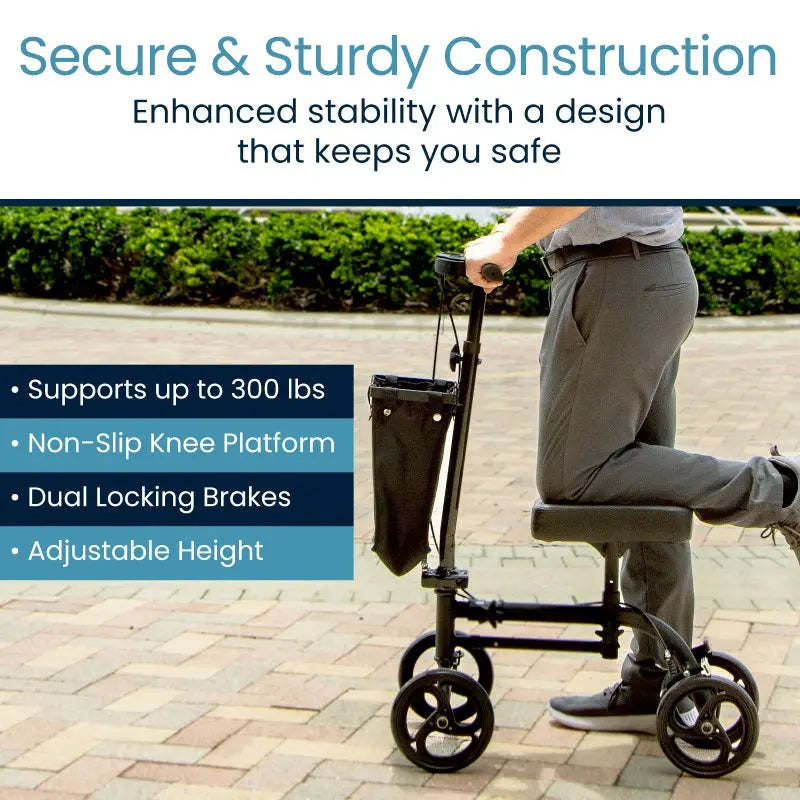 A sturdy knee walker with non-slip platform, dual locking brakes, and adjustable height, supporting up to 300 lbs for safe mobility during leg injuries.