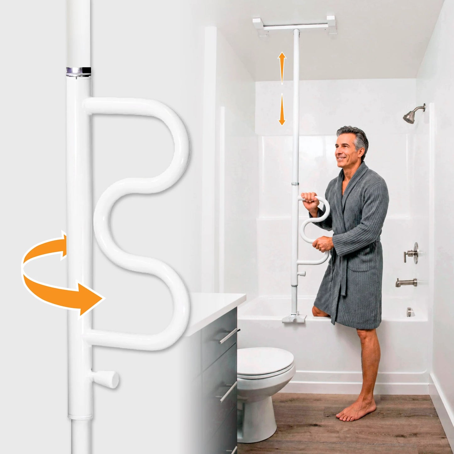 Stander. Wonder Bathtub Pole - With Pivoting Curve Grab Bar - White