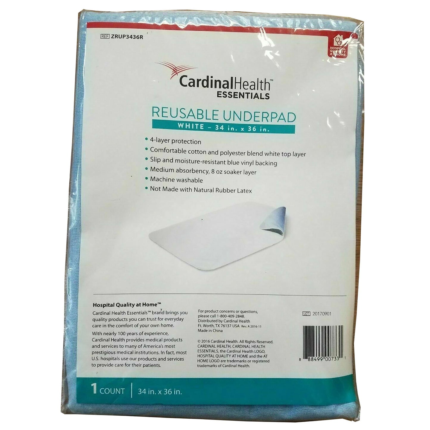Reusable Underpad Cardinal Health™ Essentials 34 X 36 Inch Polyester / Rayon Moderate Absorbency