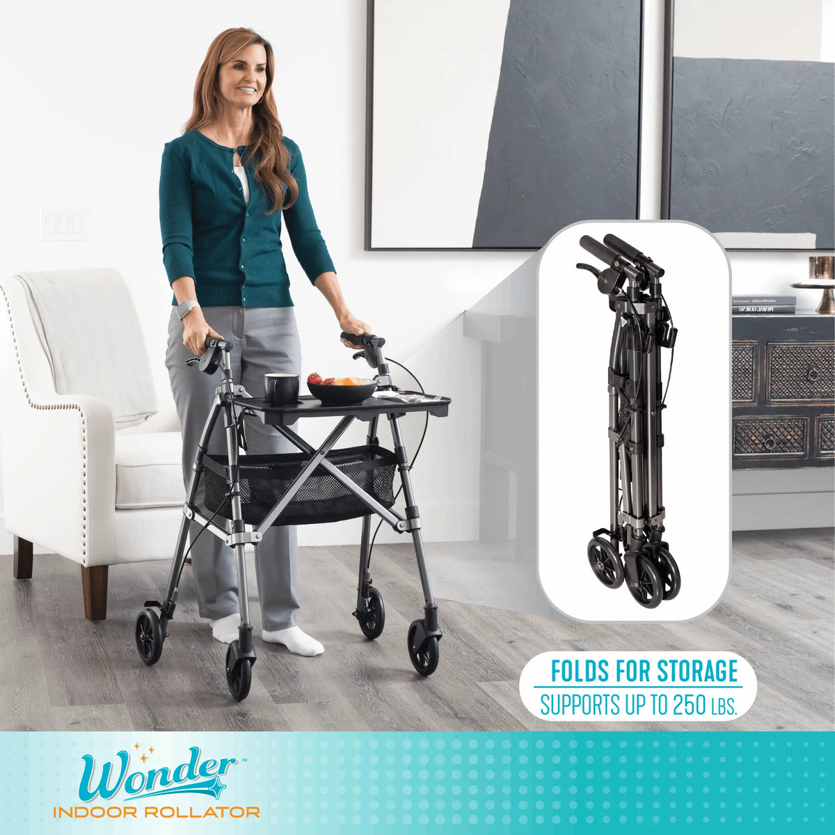Stander Wonder Indoor Rollator with Tray - Black Walnut