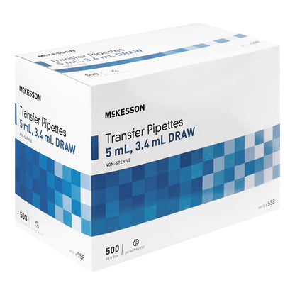 Transfer Pipette McKesson 5 mL 0.5 to 1 mL Graduation Increments NonSterile PIPETTE, TRANS 3.4ML DRAW 5ML (500/BX 10BX/CS)