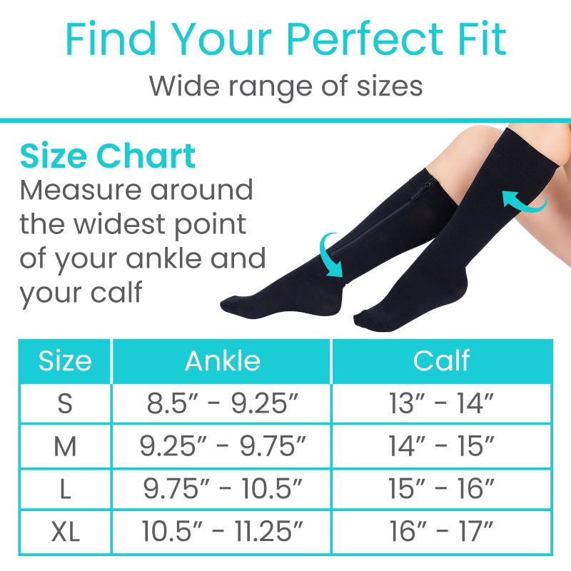 Zippered Knee High Compression Stockings 20-30mmHg