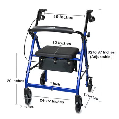 McKesson 4 Wheel Rollator – Blue, Adjustable Height, 300 lb Capacity